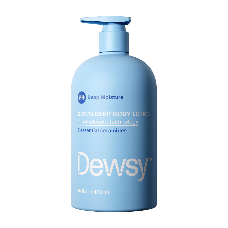 Dewsy front packaging bottle showing 16 oz pump and clean branding, promotes easy dispensing