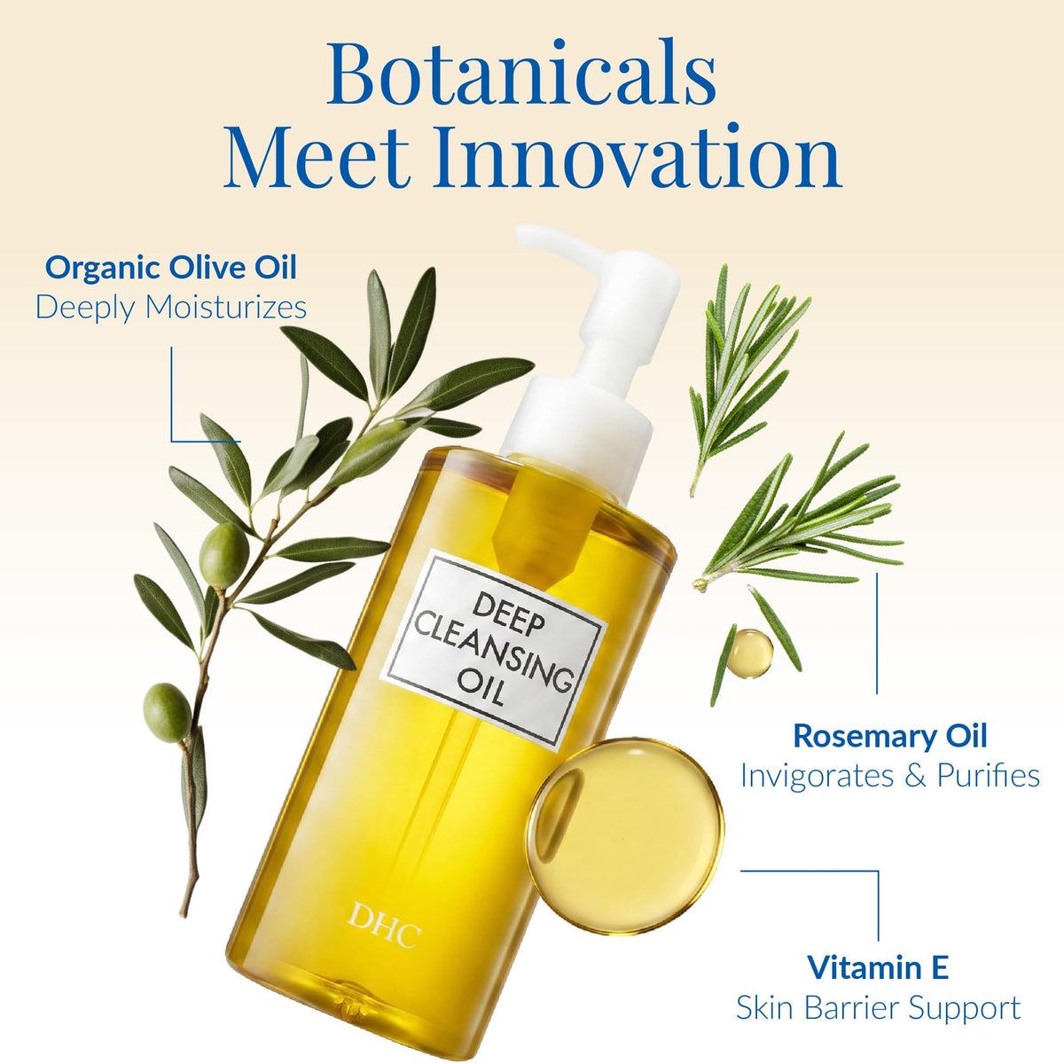 DHC deep cleansing oil close-up label ingredients highlighting olive essence and vitamin E benefit