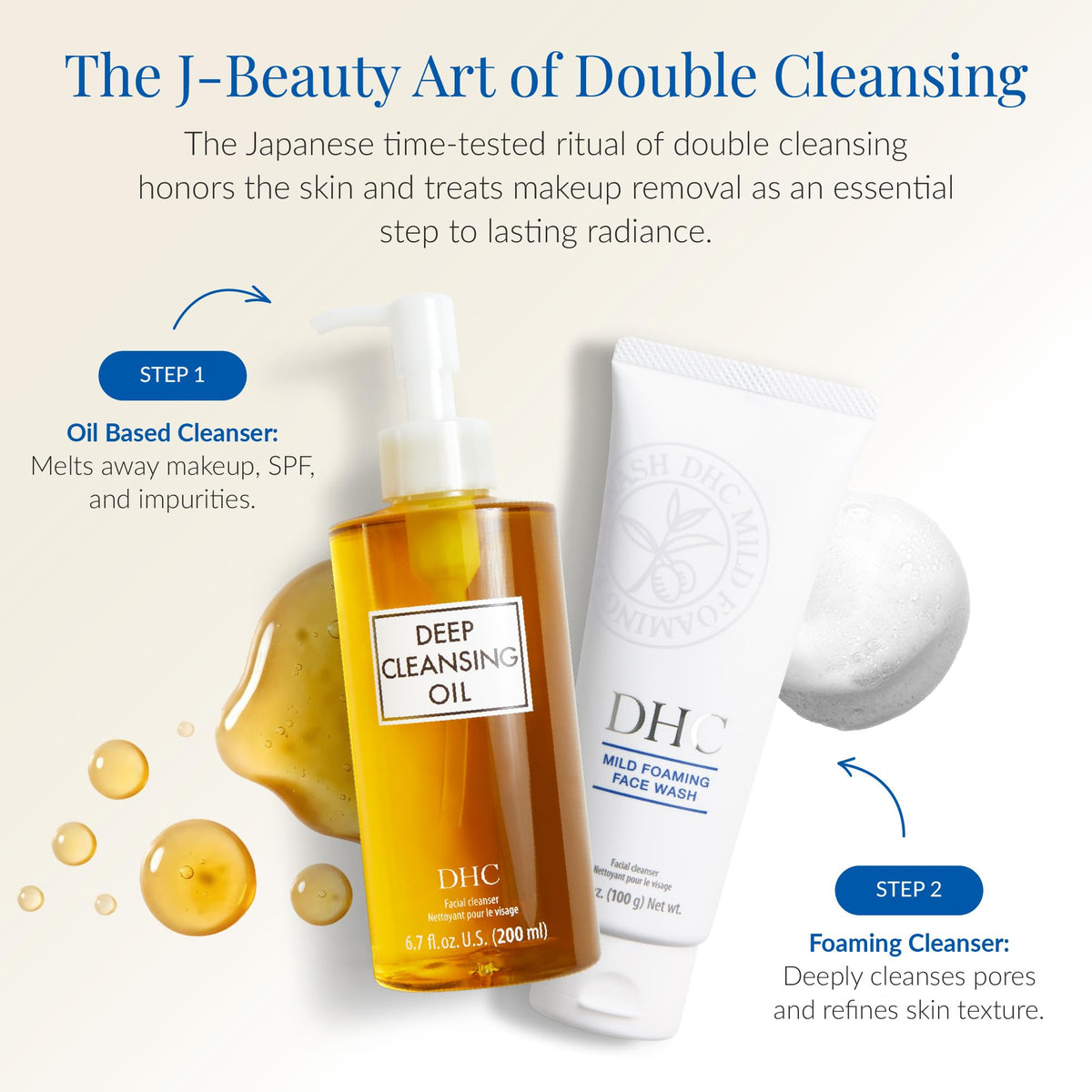DHC oil in hand during application demonstrating effortless cleansing
