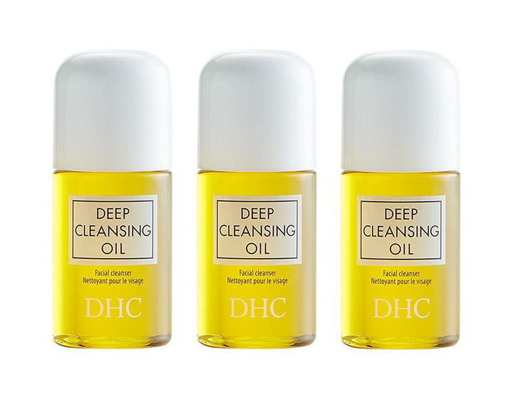 DHC deep cleansing oil mini front view showing travel bottles and clear labeling benefit: portable makeup removal