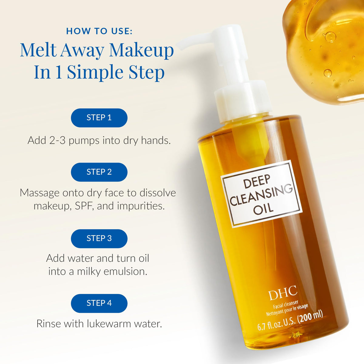 DHC oil texture on skin showing lightweight glide and makeup dissolution