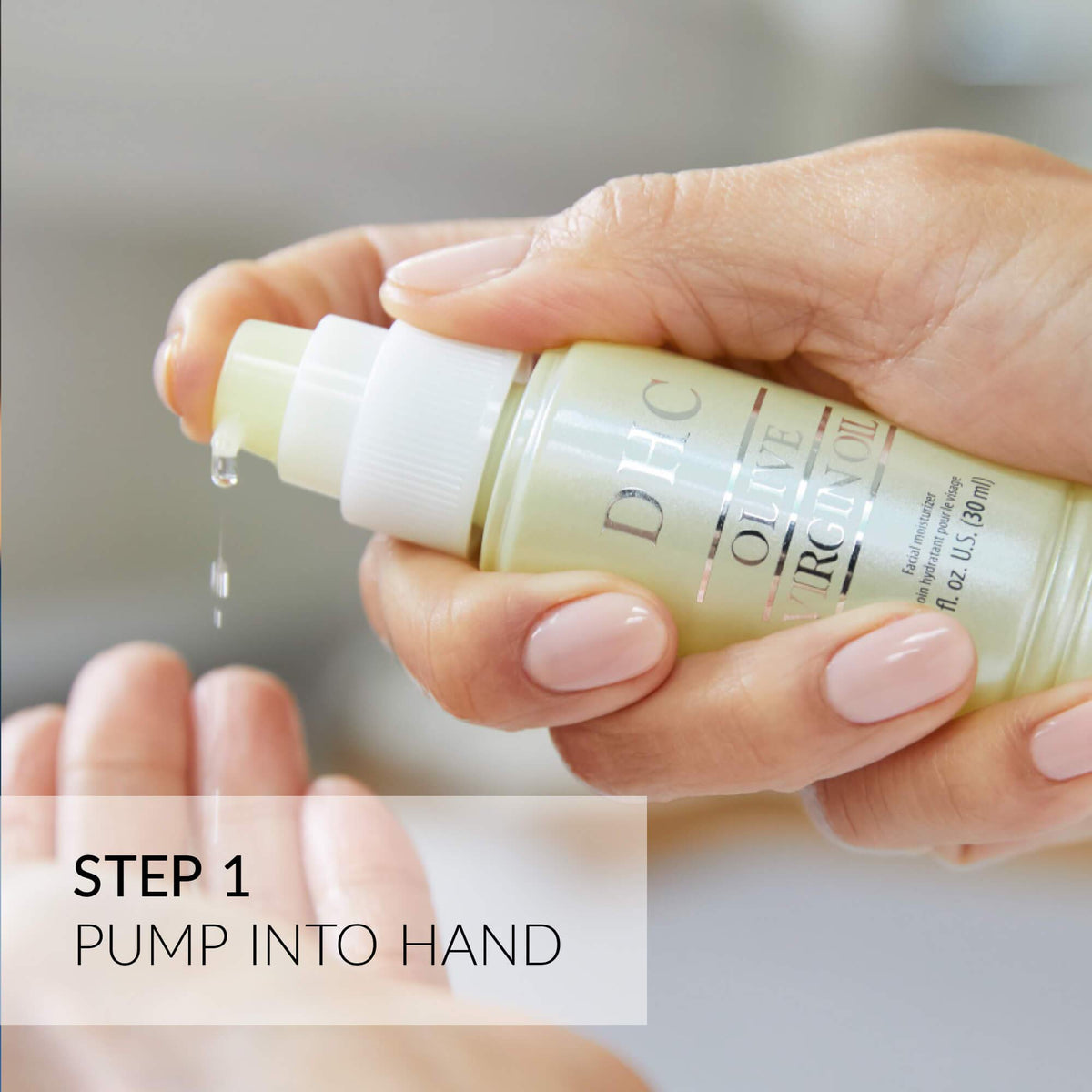 DHC olive virgin oil being applied to face for instant moisturized glow
