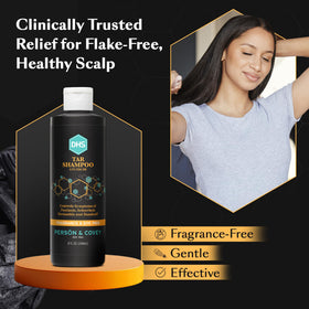 DHS bottle cap and shampoo pour texture demonstrating easy application benefit
