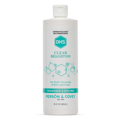DHS clear shampoo front packaging showing simple unscented formula benefits
