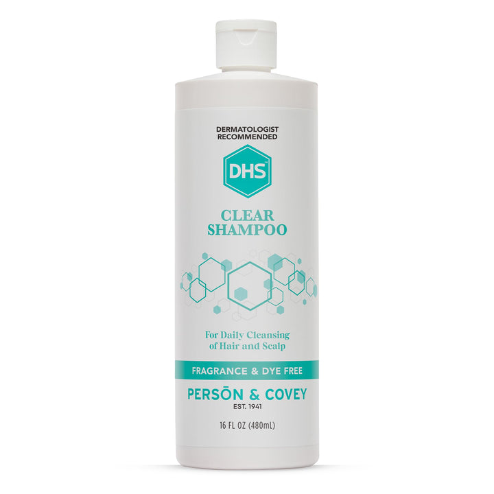 DHS clear shampoo front packaging showing simple unscented formula benefits
