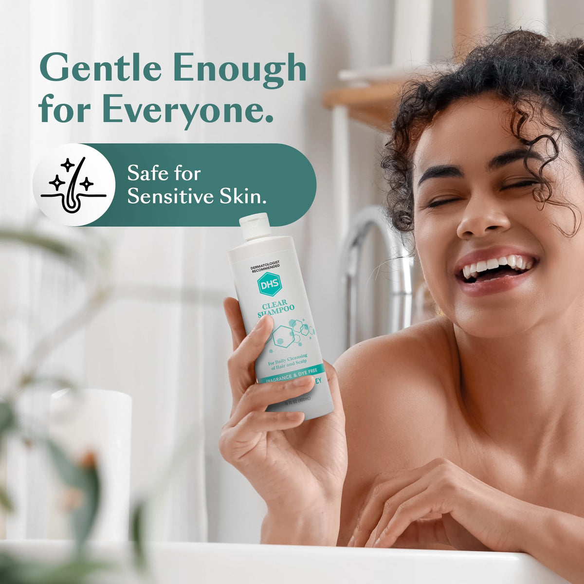 DHS clear shampoo side label showing ingredient notes and dermatologist recommendation