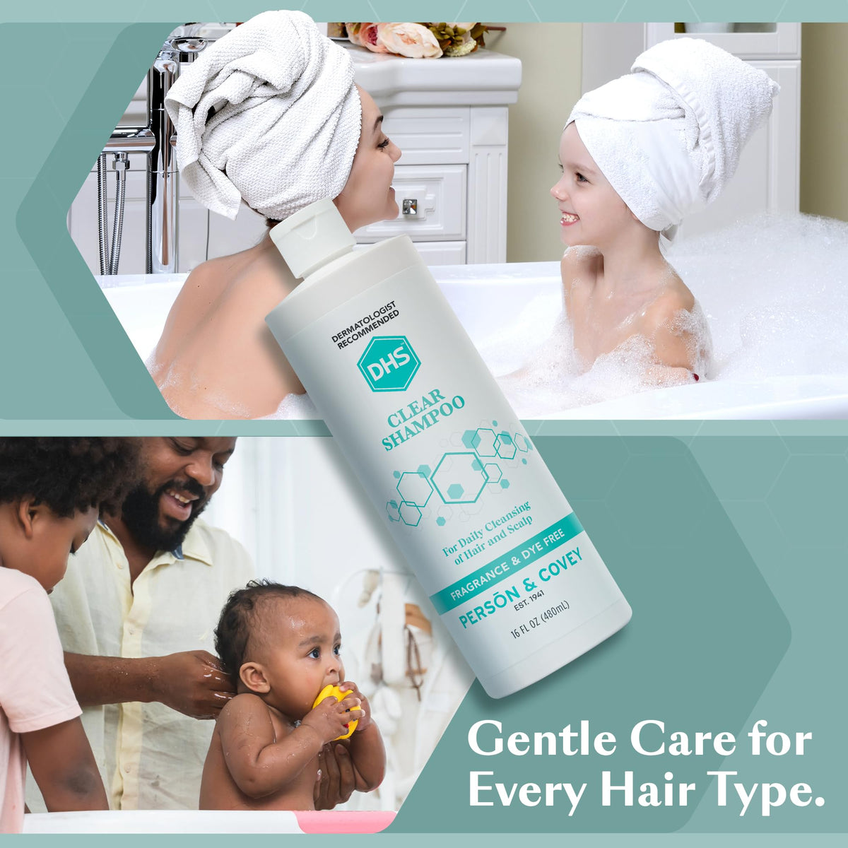 DHS clear shampoo bottle in shower setting indicating everyday use convenience