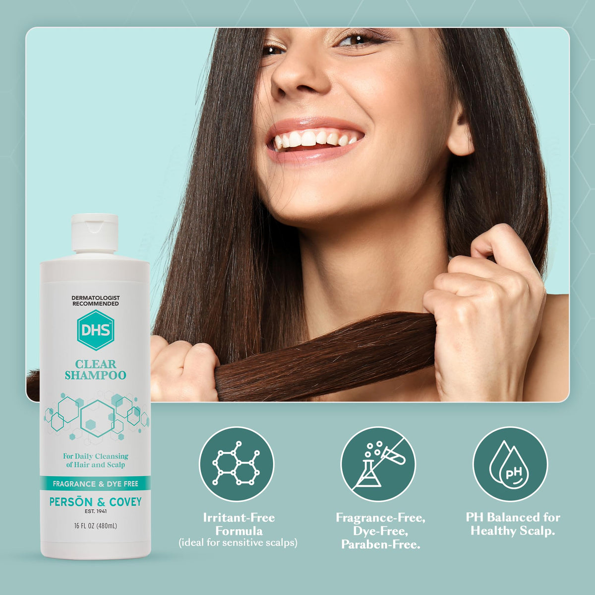 DHS clear shampoo on bathroom shelf emphasizing minimalist, sensitive-skin care