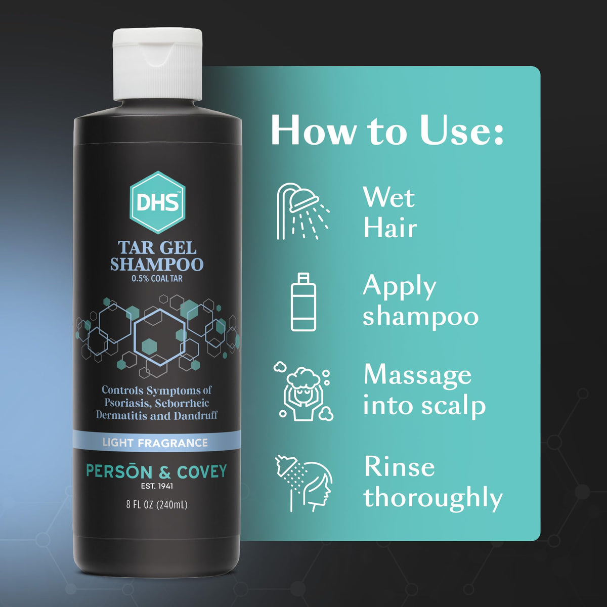 Person using DHS T Gel shampoo in shower indicating focused scalp massage benefit