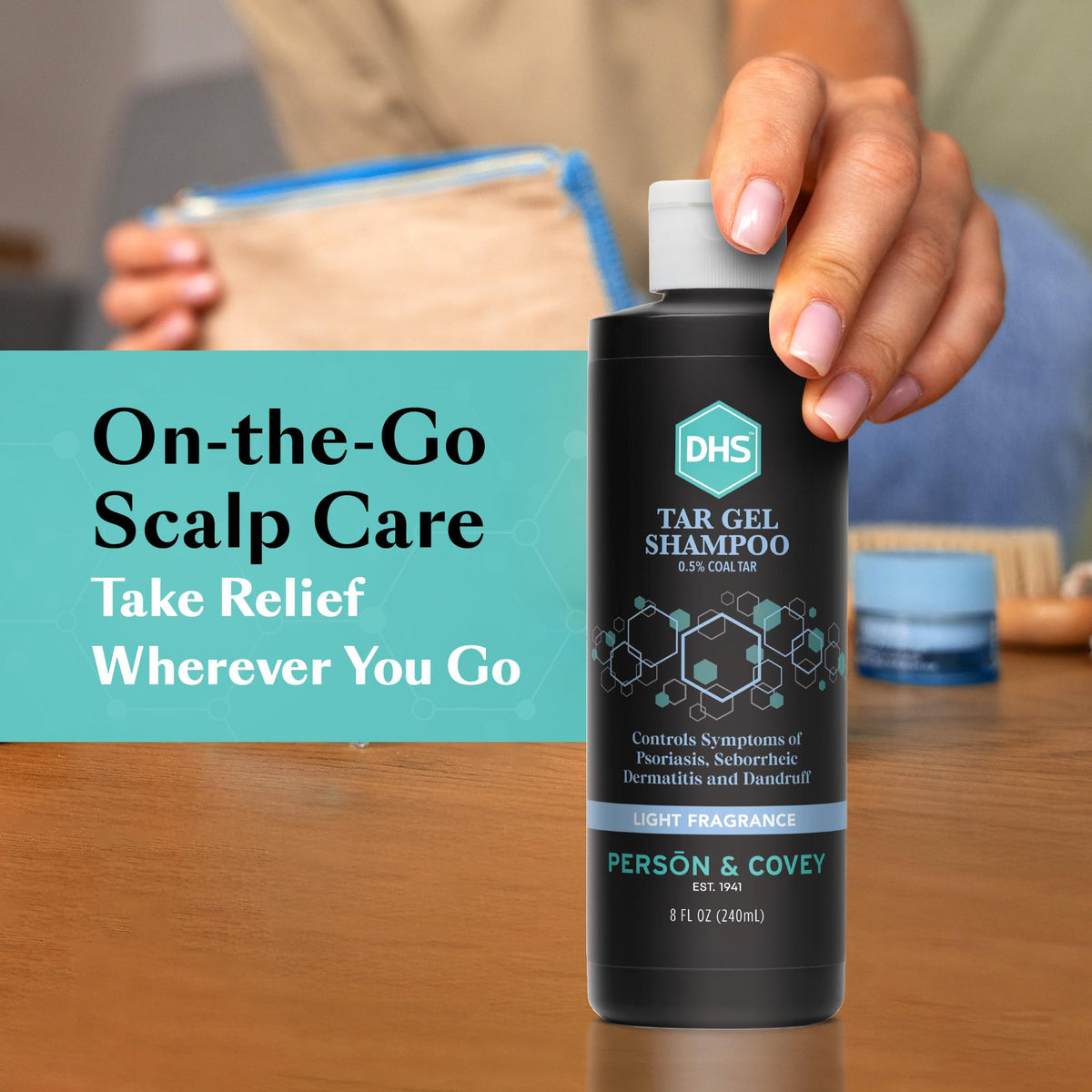 DHS T Gel shampoo on bathroom shelf in lifestyle scene suggesting daily routine benefit