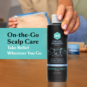 DHS T Gel shampoo on bathroom shelf in lifestyle scene suggesting daily routine benefit