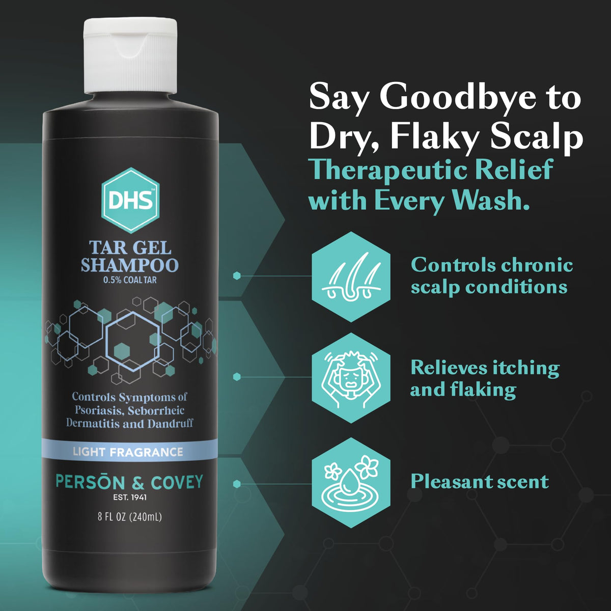 DHS T Gel shampoo cap and pump close-up illustrating easy dispensing and control