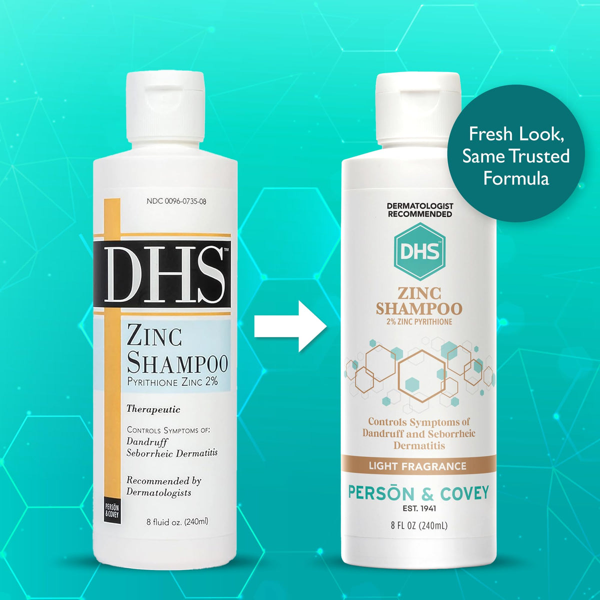 DHS zinc shampoo bottle angled to display size and cap convenience