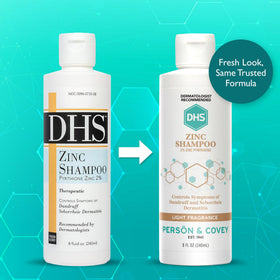 DHS zinc shampoo bottle angled to display size and cap convenience