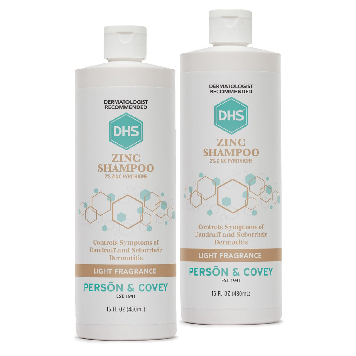 DHS zinc shampoo front label showing clear product identity and benefits