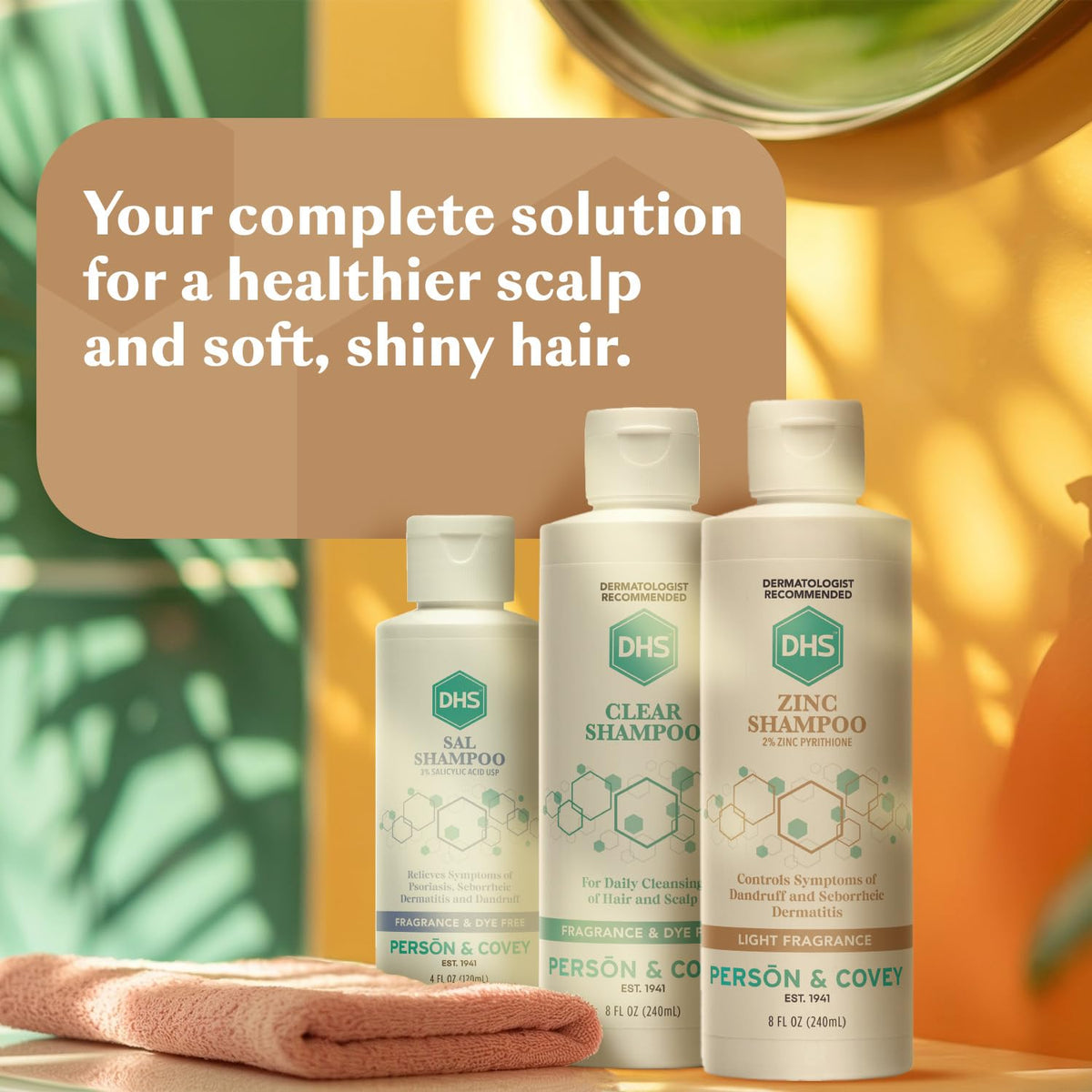 DHS zinc shampoo before and after hair comparison showing reduced flakes