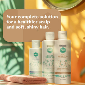DHS zinc shampoo before and after hair comparison showing reduced flakes