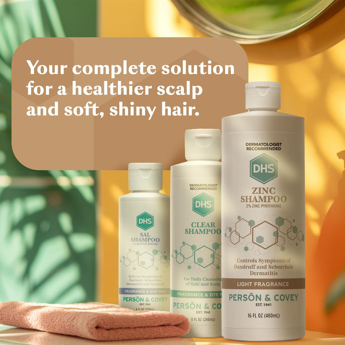 DHS bottle on bathroom shelf lifestyle shot conveying daily care routine
