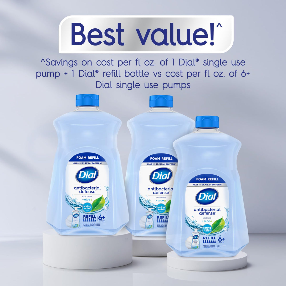 Dial bottle size comparison beside dispenser showing large refill value