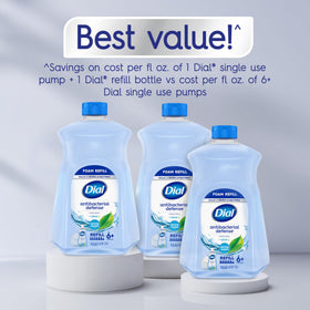 Dial bottle size comparison beside dispenser showing large refill value