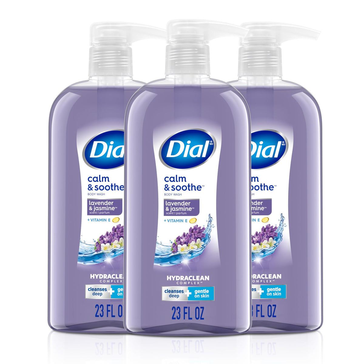 Dial front packaging showing calming lavender jasmine scent and benefit of gentle cleansing