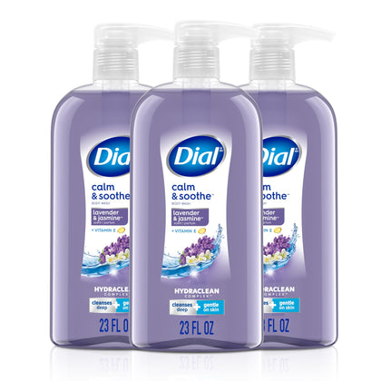 Dial front packaging showing calming lavender jasmine scent and benefit of gentle cleansing