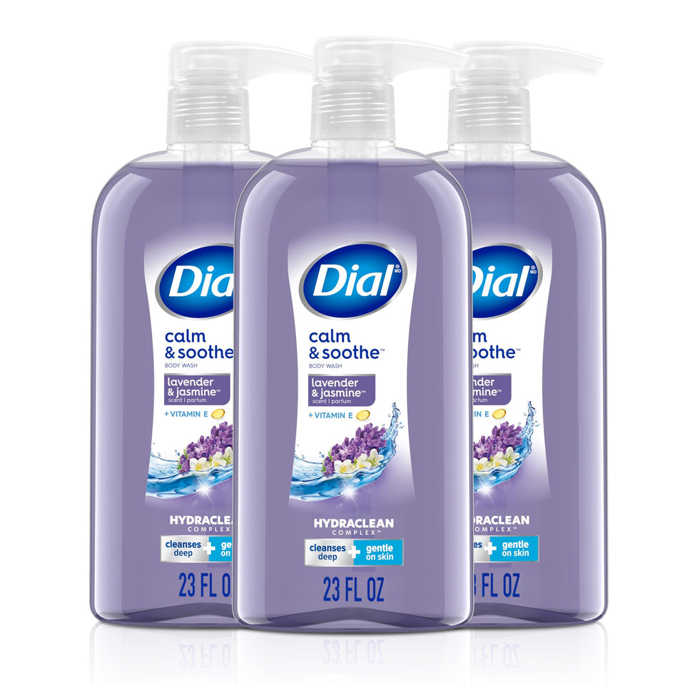 Dial front packaging showing calming lavender jasmine scent and benefit of gentle cleansing