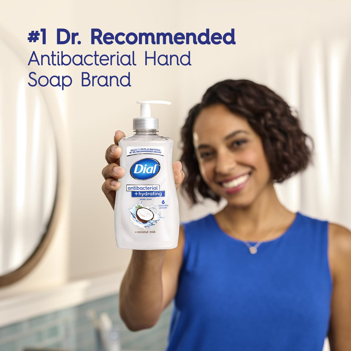 Dial bottle in a bathroom lifestyle scene showing attractive scent and usability