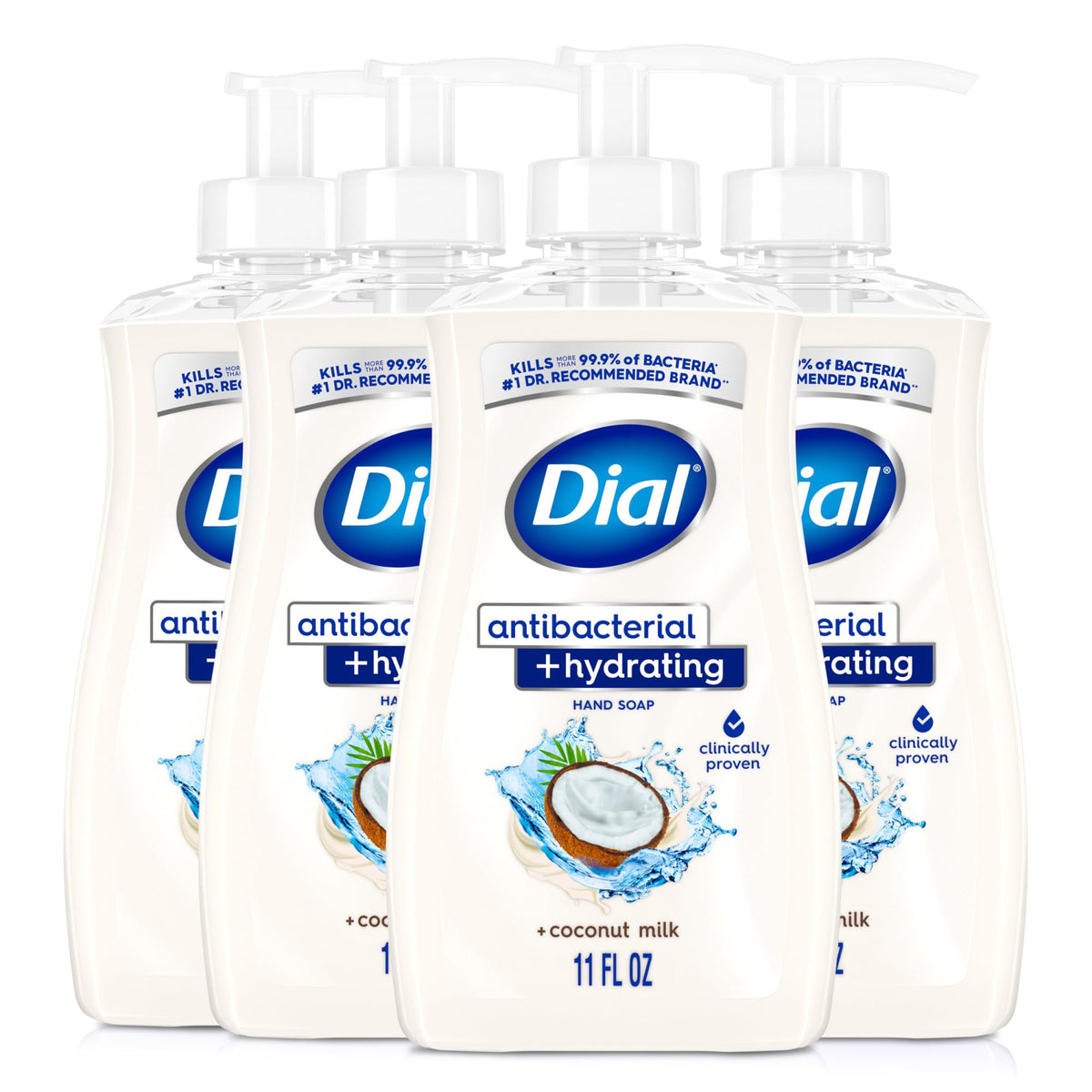 Dial front packaging showing 11oz coconut milk antibacterial soap, convenient refill benefit