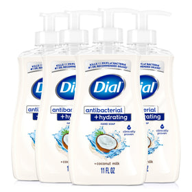 Dial front packaging showing 11oz coconut milk antibacterial soap, convenient refill benefit
