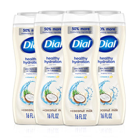 Dial front packaging of coconut milk body wash shows product and benefits