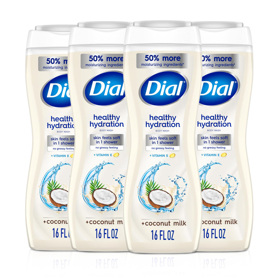 Dial front packaging of coconut milk body wash shows product and benefits