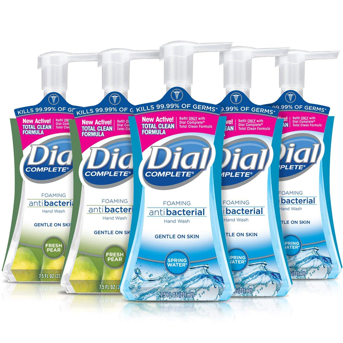 Dial Complete variety pack front view showing both Spring Water and Fresh Pear bottles for easy selection
