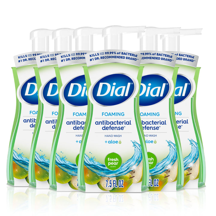 Dial front packaging of fresh pear foaming hand soap showing clean design and utility