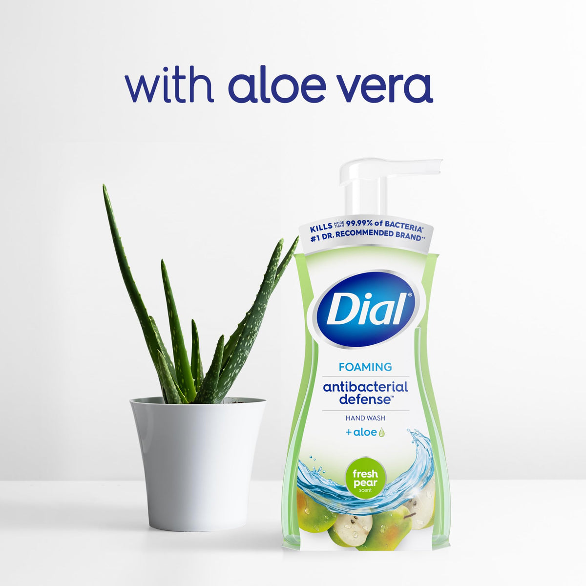 Dial fresh pear recycled bottle callout emphasizing recyclable packaging benefit