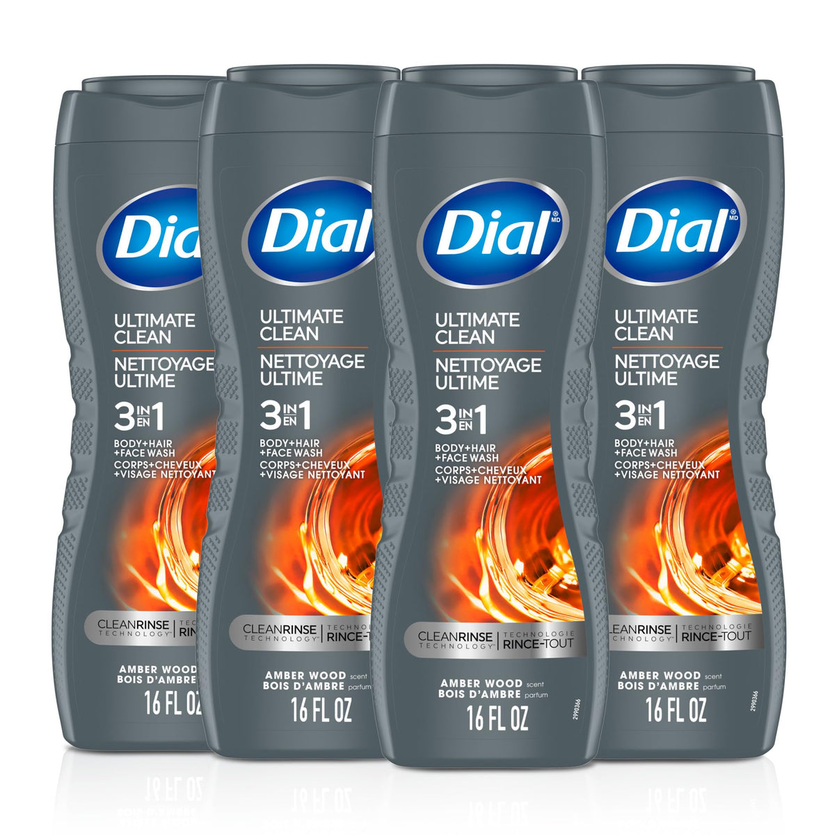Dial front bottle showing label and amber woods scent benefit