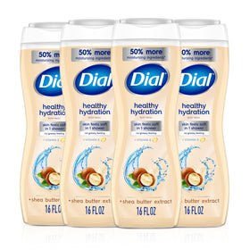 Dial bottle front label showing shea butter and vitamin E benefits
