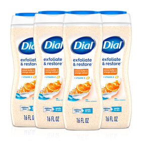 Dial front packaging showing exfoliate & restore benefits and scent