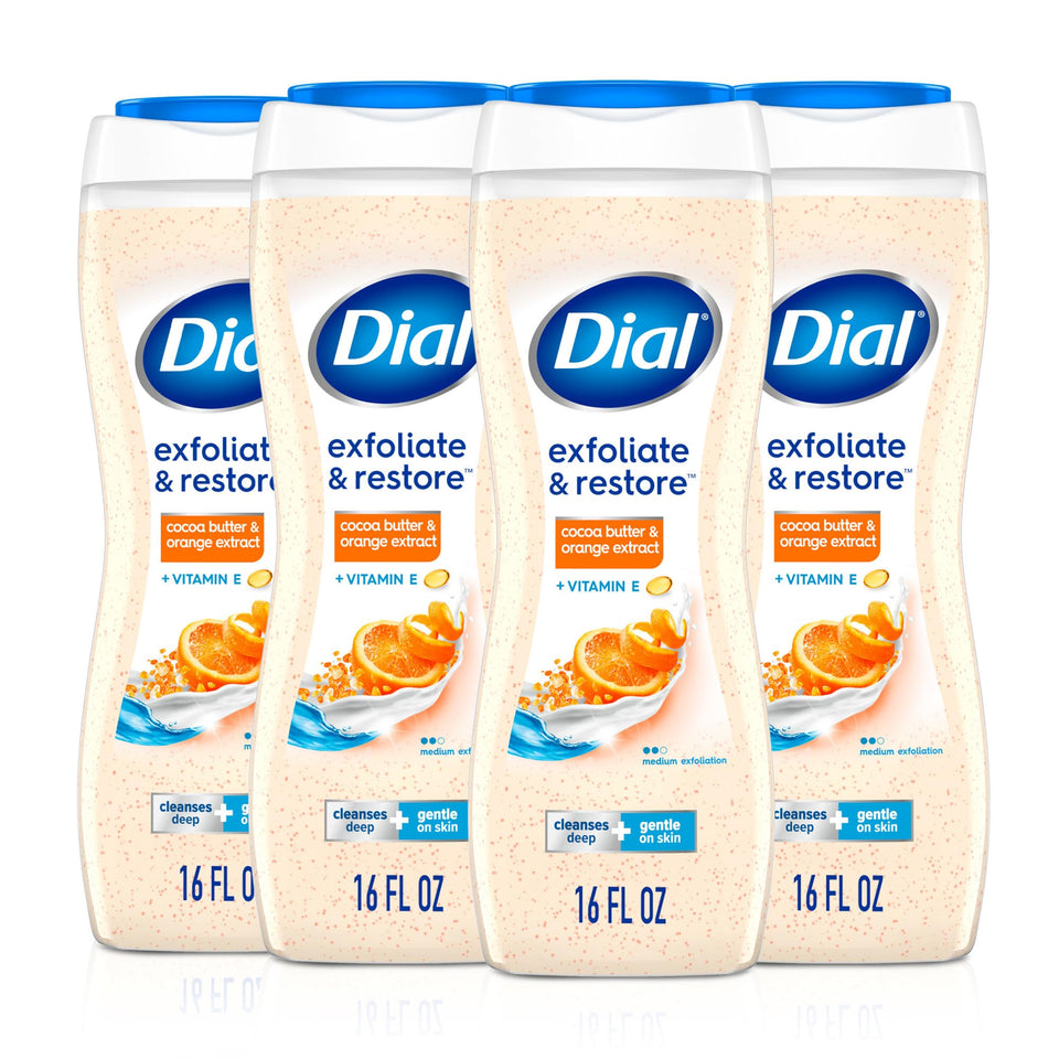 Dial front packaging showing exfoliate & restore benefits and scent