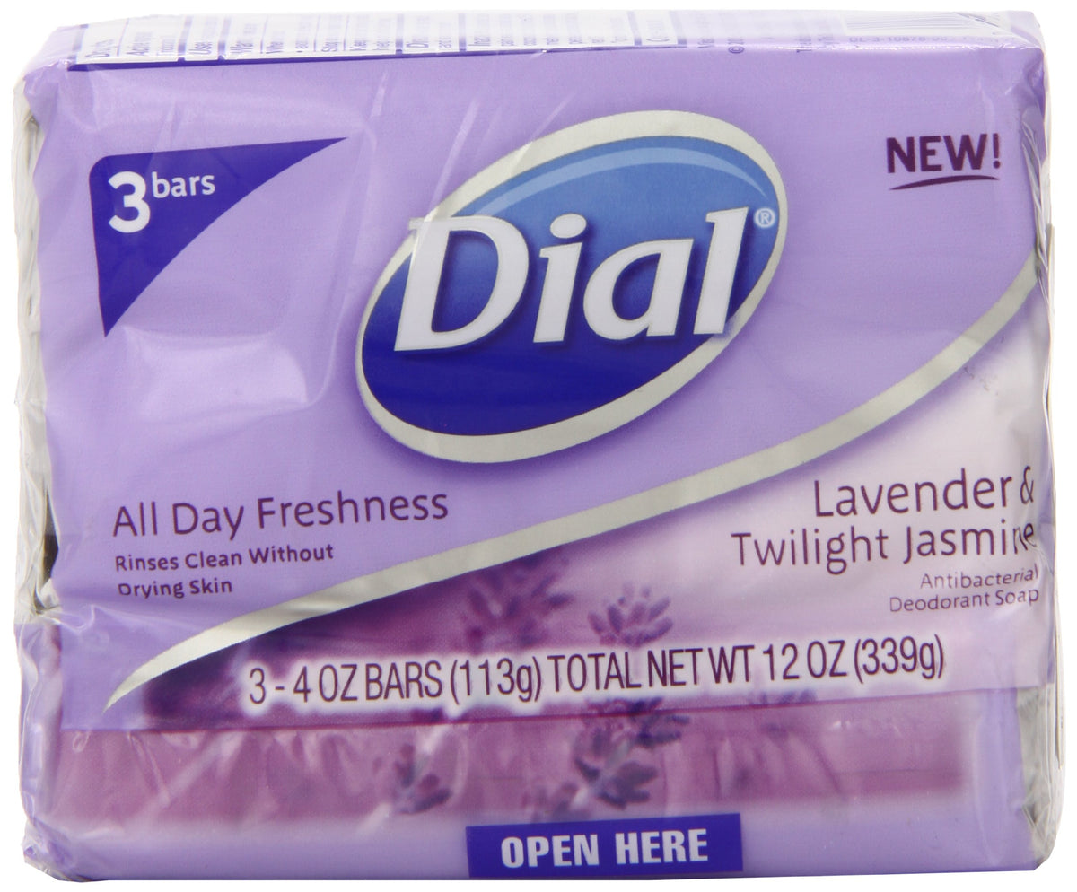 Dial front packaging three-bar pack showing lavender scent and freshness benefit