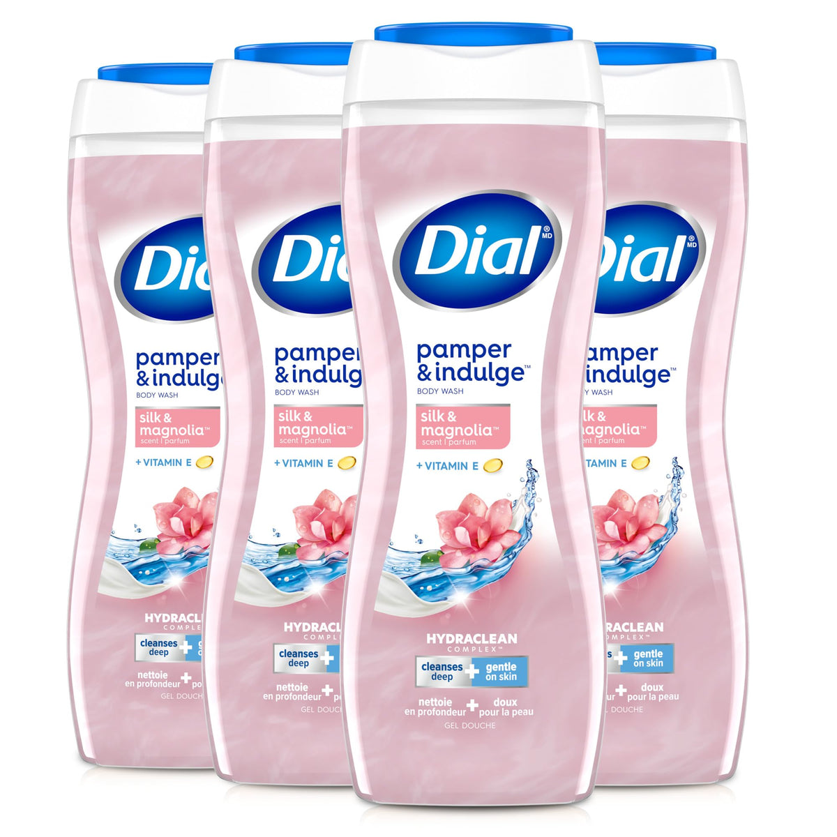 Dial front packaging showing silk and magnolia scent and benefit of gentle cleanse