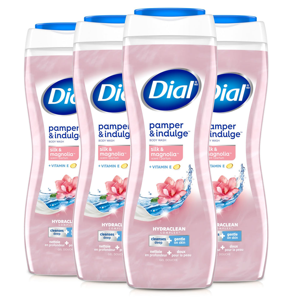 Dial front packaging showing silk and magnolia scent and benefit of gentle cleanse