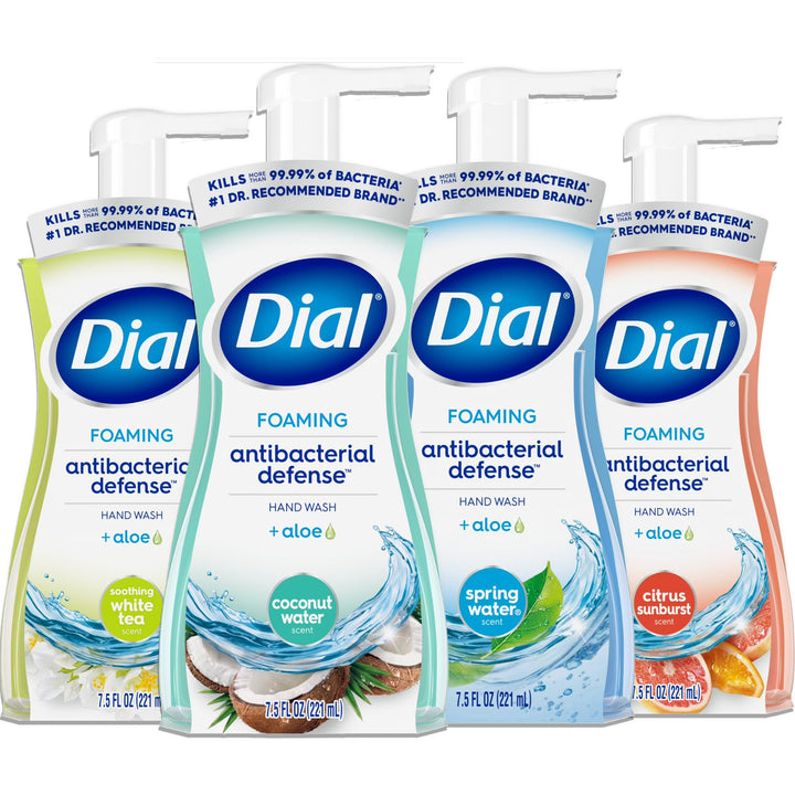 Dial front packaging showing four assorted 7.5 oz bottles with variety convenience