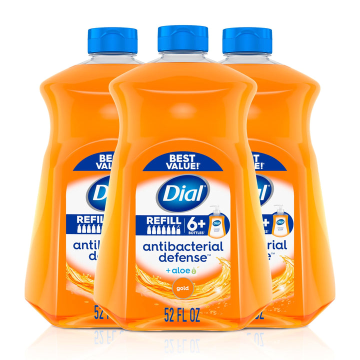 Dial Gold front packaging showing three 52 fl oz bottles and value refill benefit