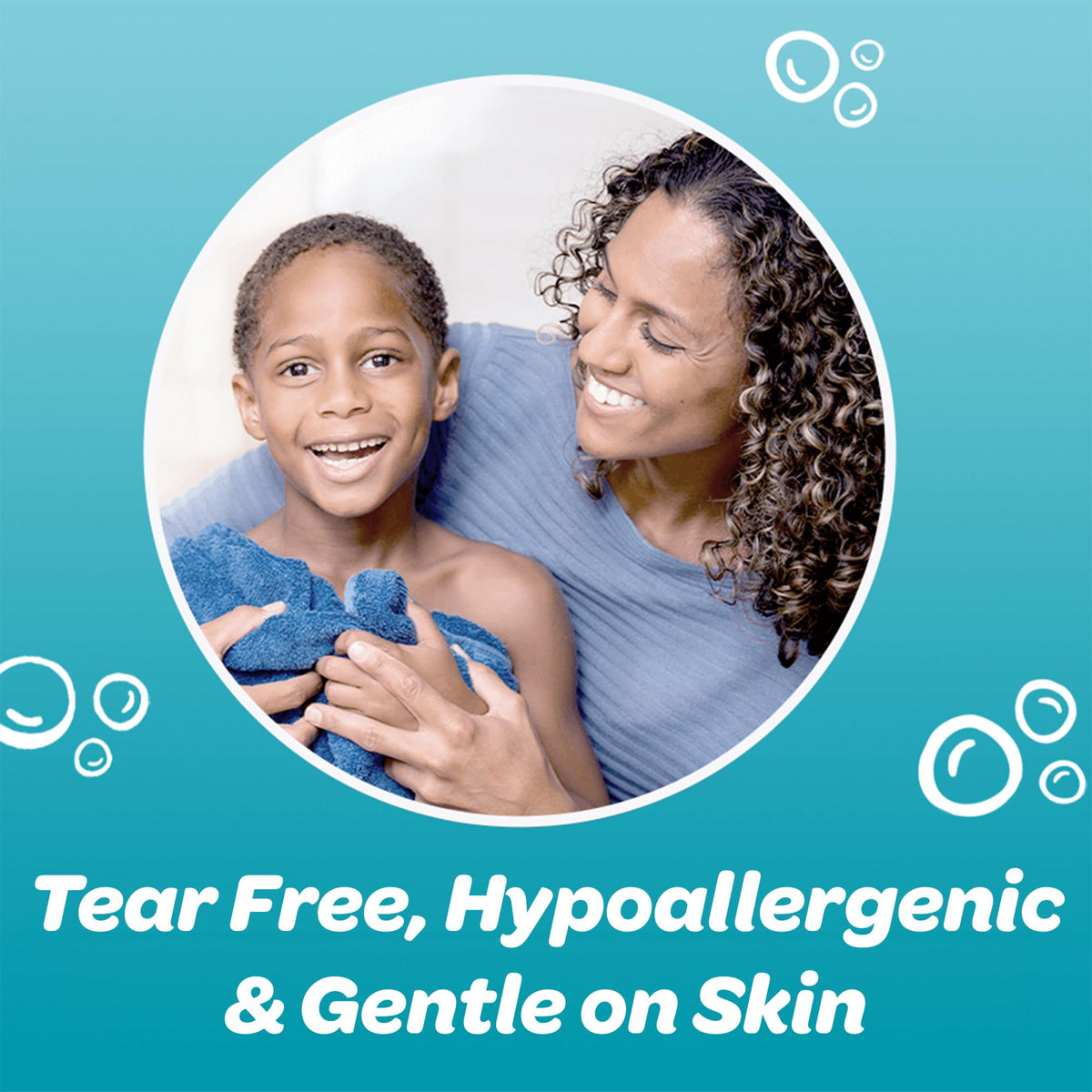 Child having hair washed with Dial showing tear-free formula and calm bath experience