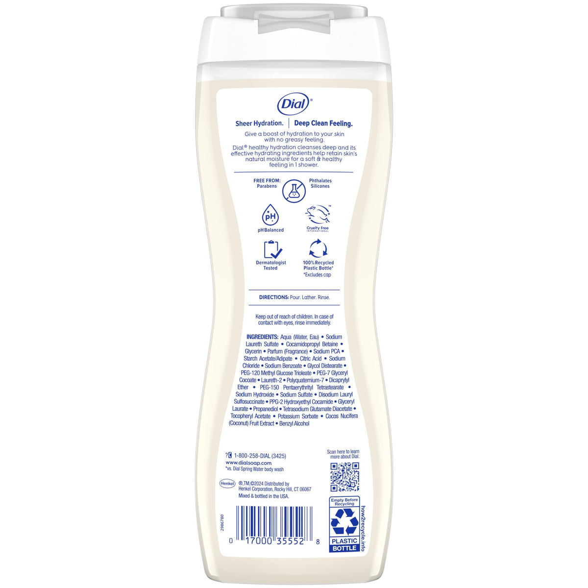 Dial label ingredient list emphasizing coconut milk and vitamin E