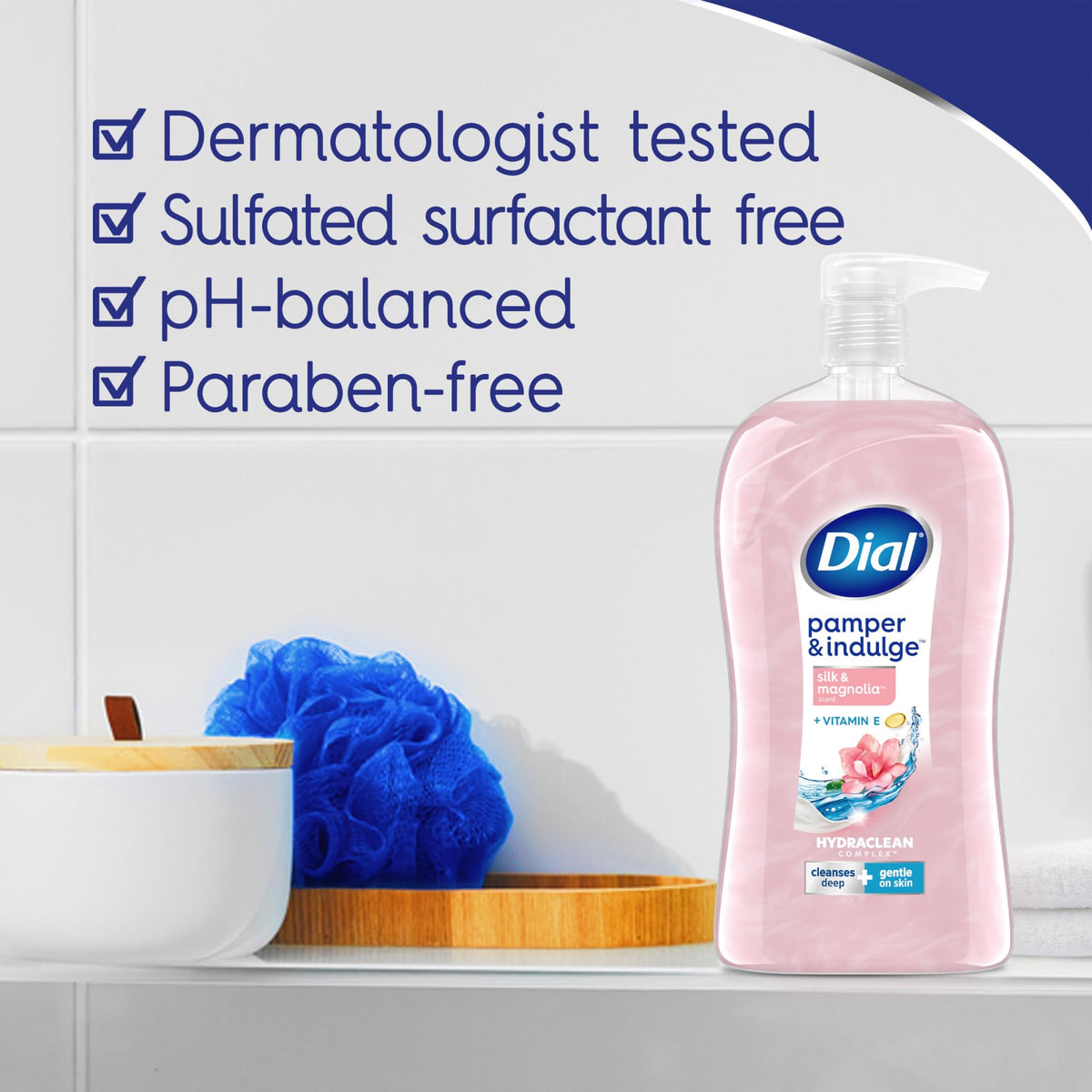 Dial rich lather texture on palm demonstrating gentle cleansing and soft skin benefit