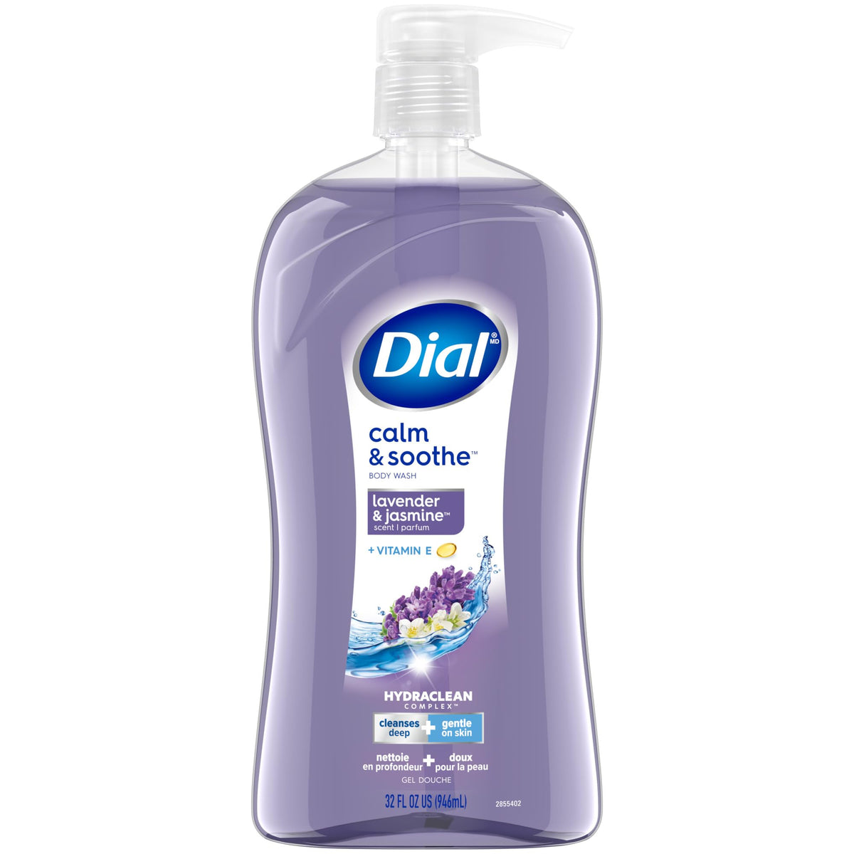 Dial front packaging showing 32 fl oz bottle and calming lavender jasmine scent