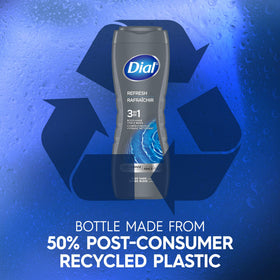 Dial bottle staged in bathroom showing recyclable packaging and everyday use