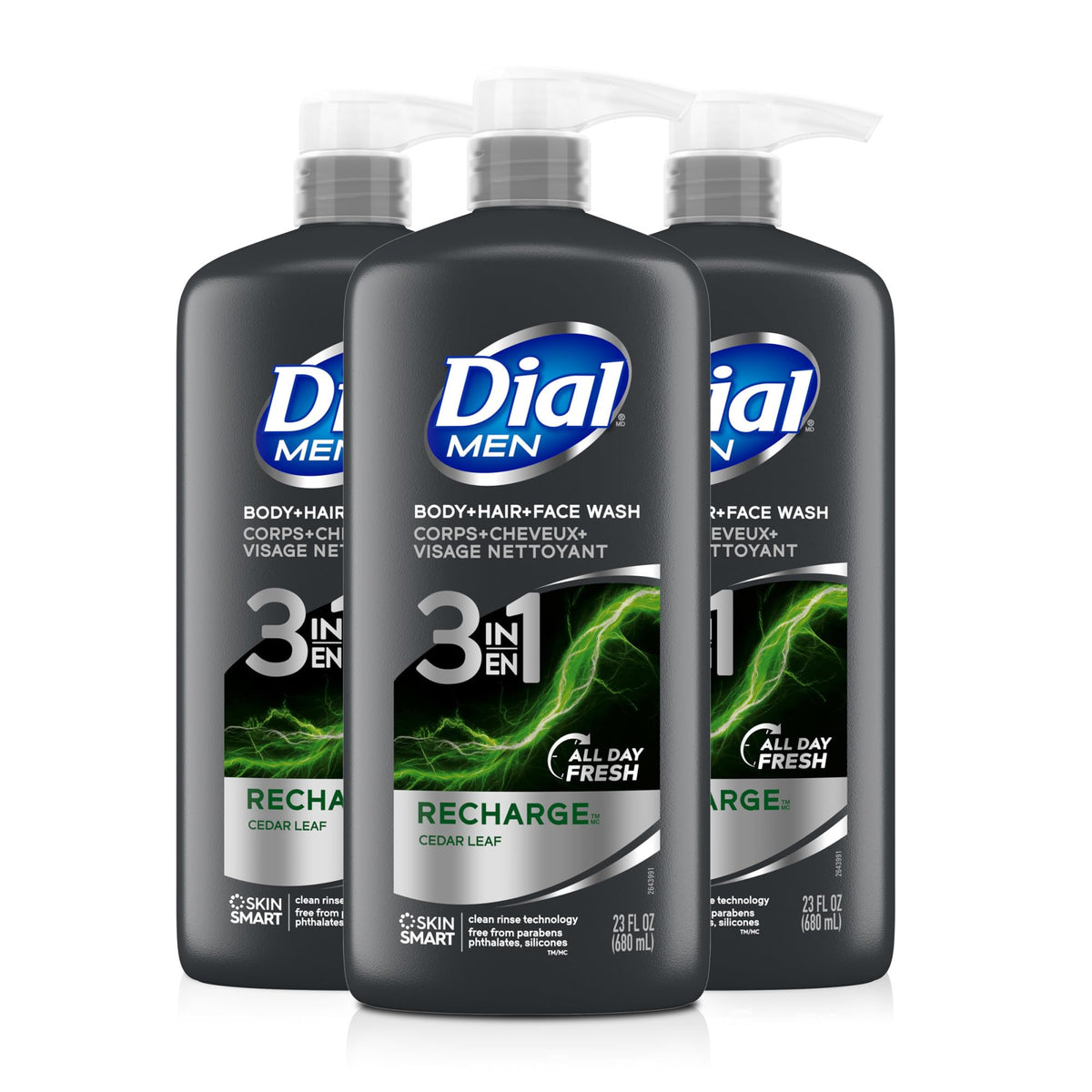 Dial men front packaging showing three 23 fl oz bottles and fresh aloe scent
